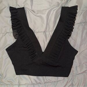 Black Ruffled V-Neck Women's Top